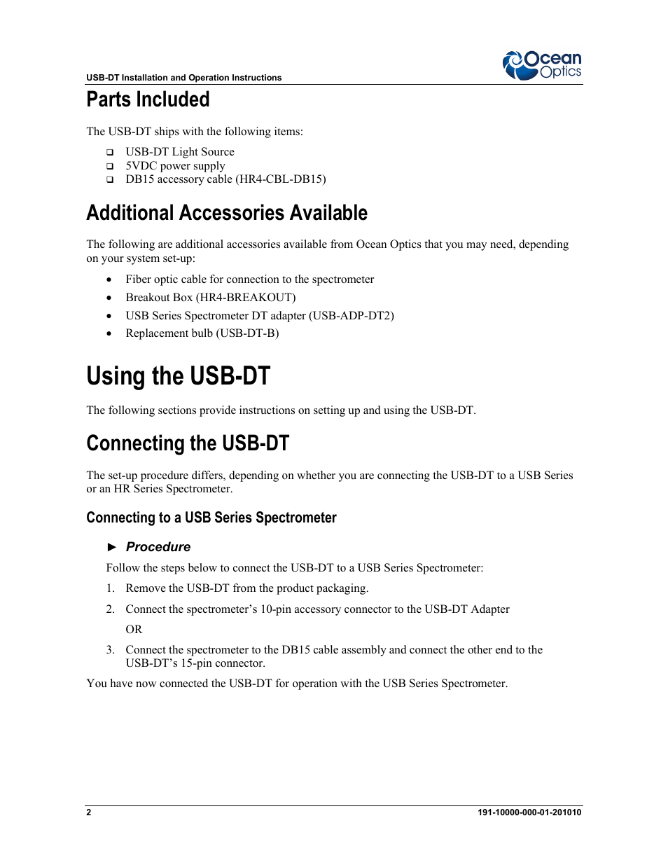 Using the usb-dt, Parts included, Additional accessories available | Connecting the usb-dt | Ocean Optics USB-DT User Manual | Page 2 / 6