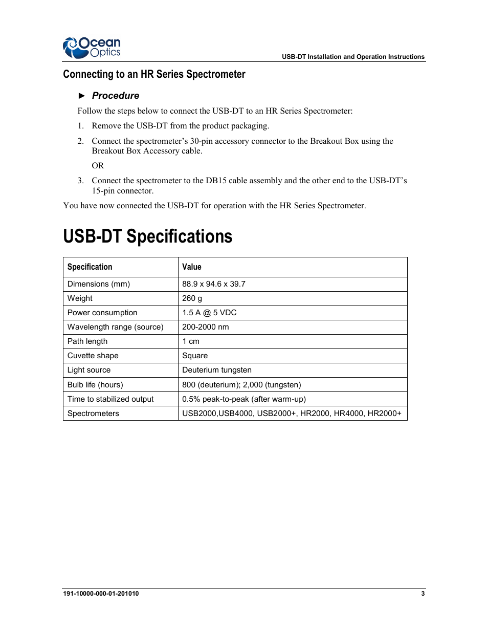 Usb-dt specifications, Connecting to an hr series spectrometer | Ocean Optics USB-DT User Manual | Page 3 / 6