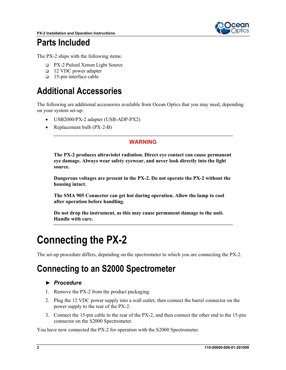 Connecting the px-2, Parts included, Additional accessories | Connecting to an s2000 spectrometer | Ocean Optics PX-2 User Manual | Page 2 / 8