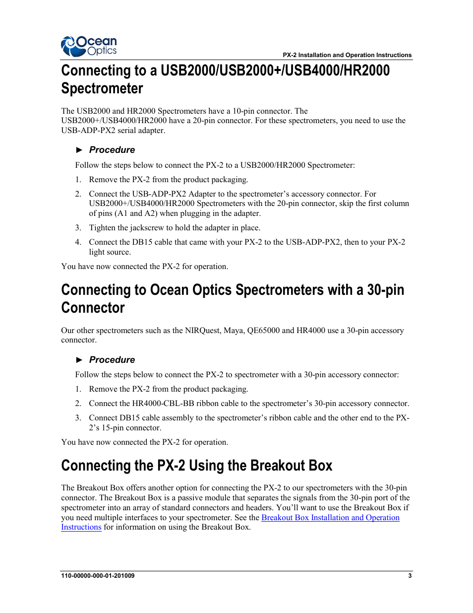 Connecting the px-2 using the breakout box | Ocean Optics PX-2 User Manual | Page 3 / 8