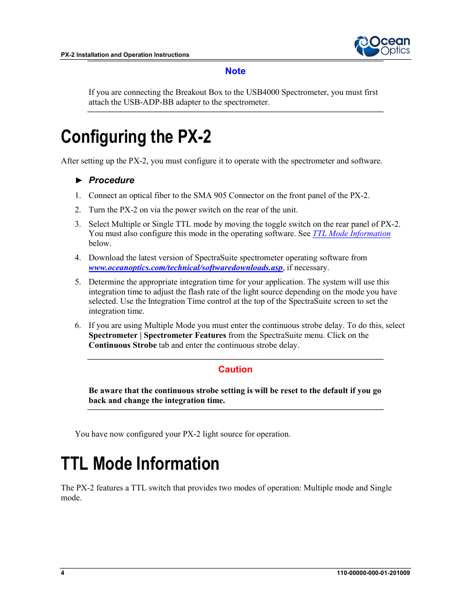Configuring the px-2, Ttl mode information | Ocean Optics PX-2 User Manual | Page 4 / 8