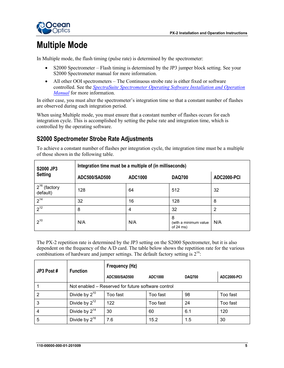 Multiple mode, S2000 spectrometer strobe rate adjustments | Ocean Optics PX-2 User Manual | Page 5 / 8