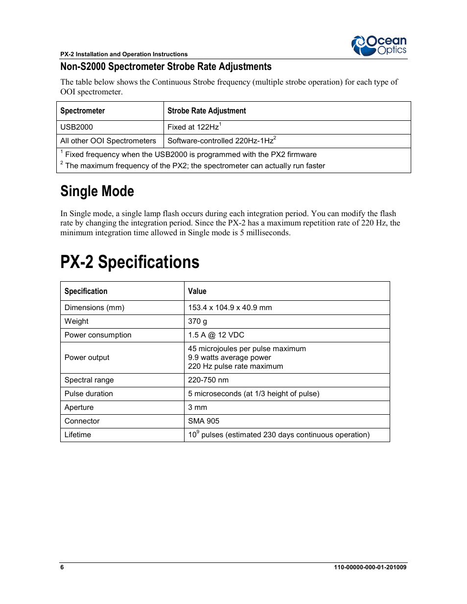 Px-2 specifications, Single mode, Non-s2000 spectrometer strobe rate adjustments | Ocean Optics PX-2 User Manual | Page 6 / 8