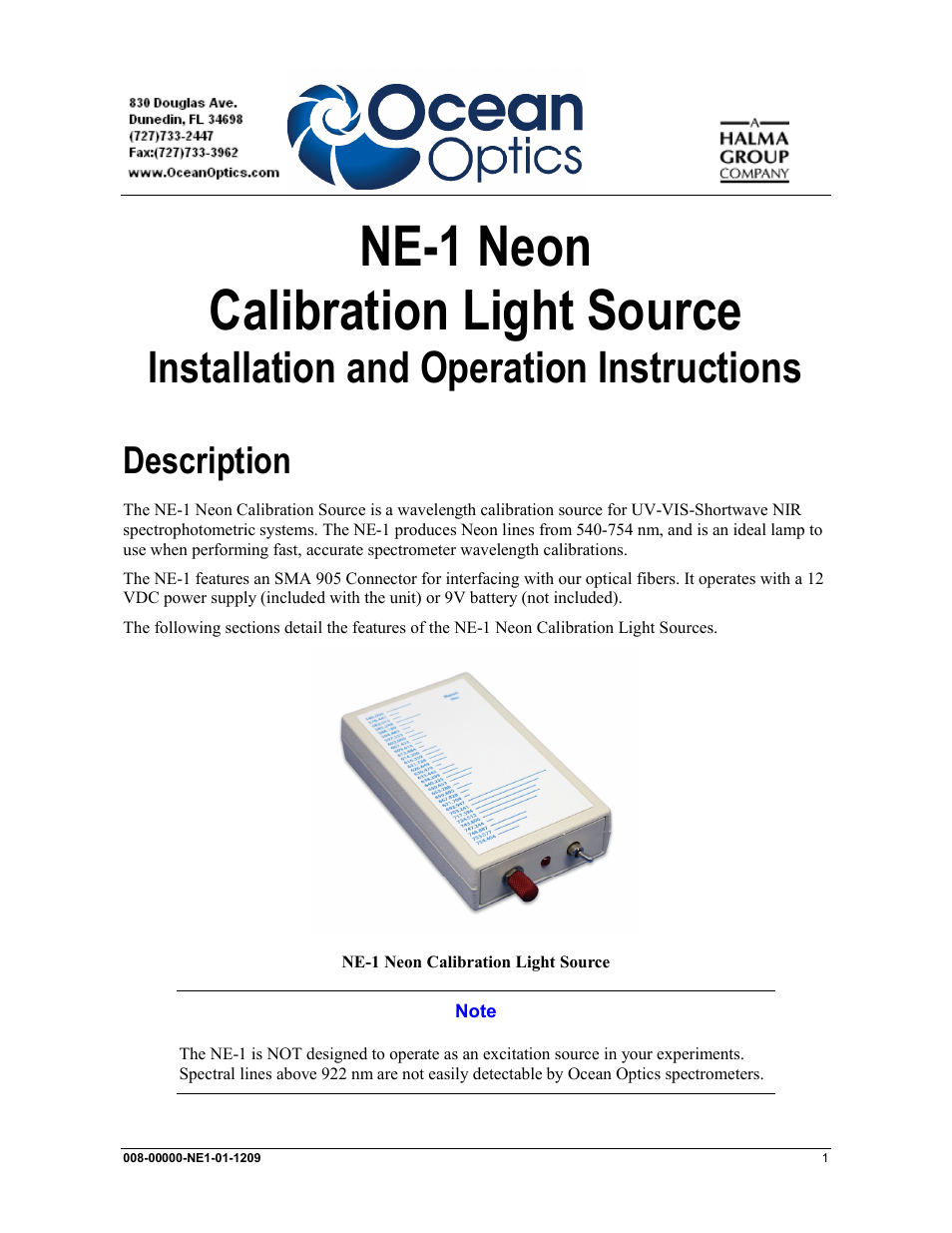 Ocean Optics NE-1 Neon User Manual | 6 pages