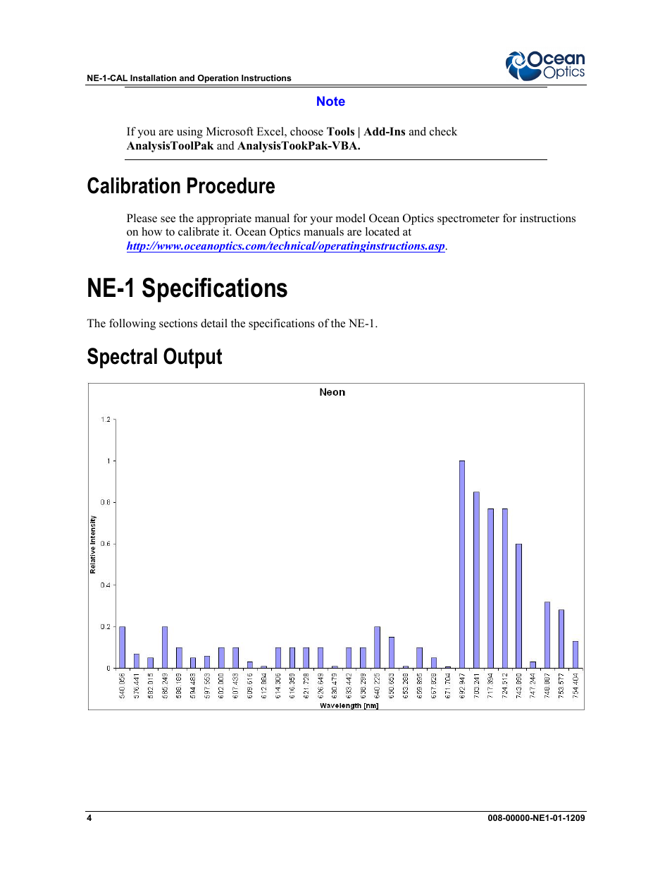 Ne-1 specifications, Calibration procedure, Spectral output | Ocean Optics NE-1 Neon User Manual | Page 4 / 6