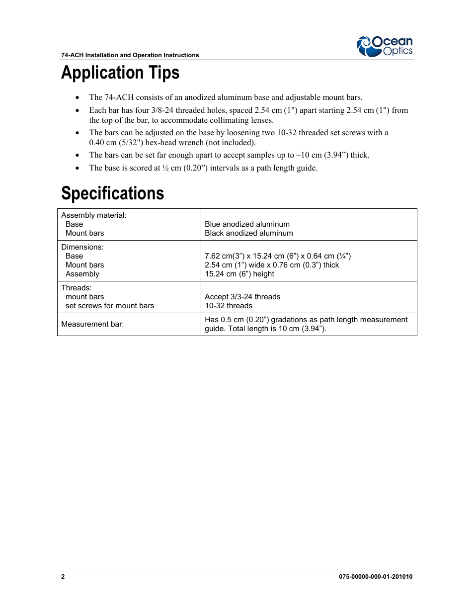 Application tips, Specifications | Ocean Optics 74-ACH User Manual | Page 2 / 2