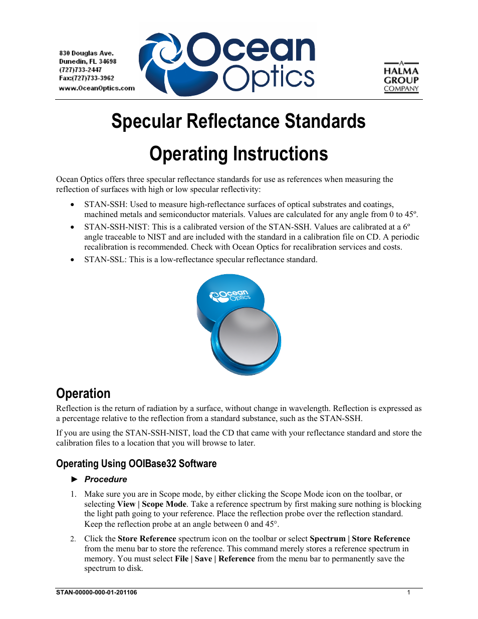 Ocean Optics Specular Reflectance Standards User Manual | 2 pages