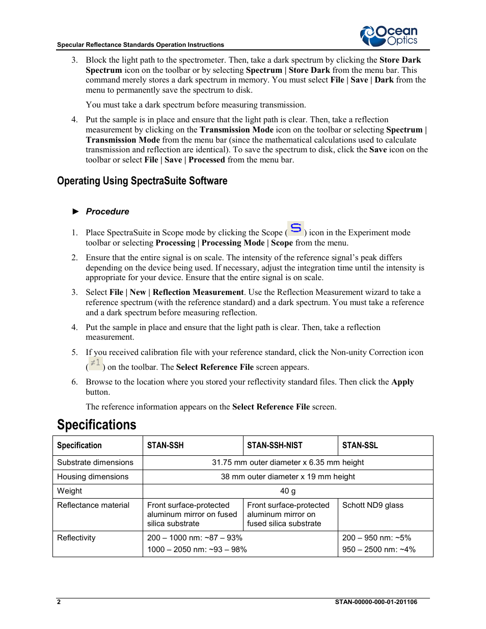 Specifications, Operating using spectrasuite software | Ocean Optics Specular Reflectance Standards User Manual | Page 2 / 2