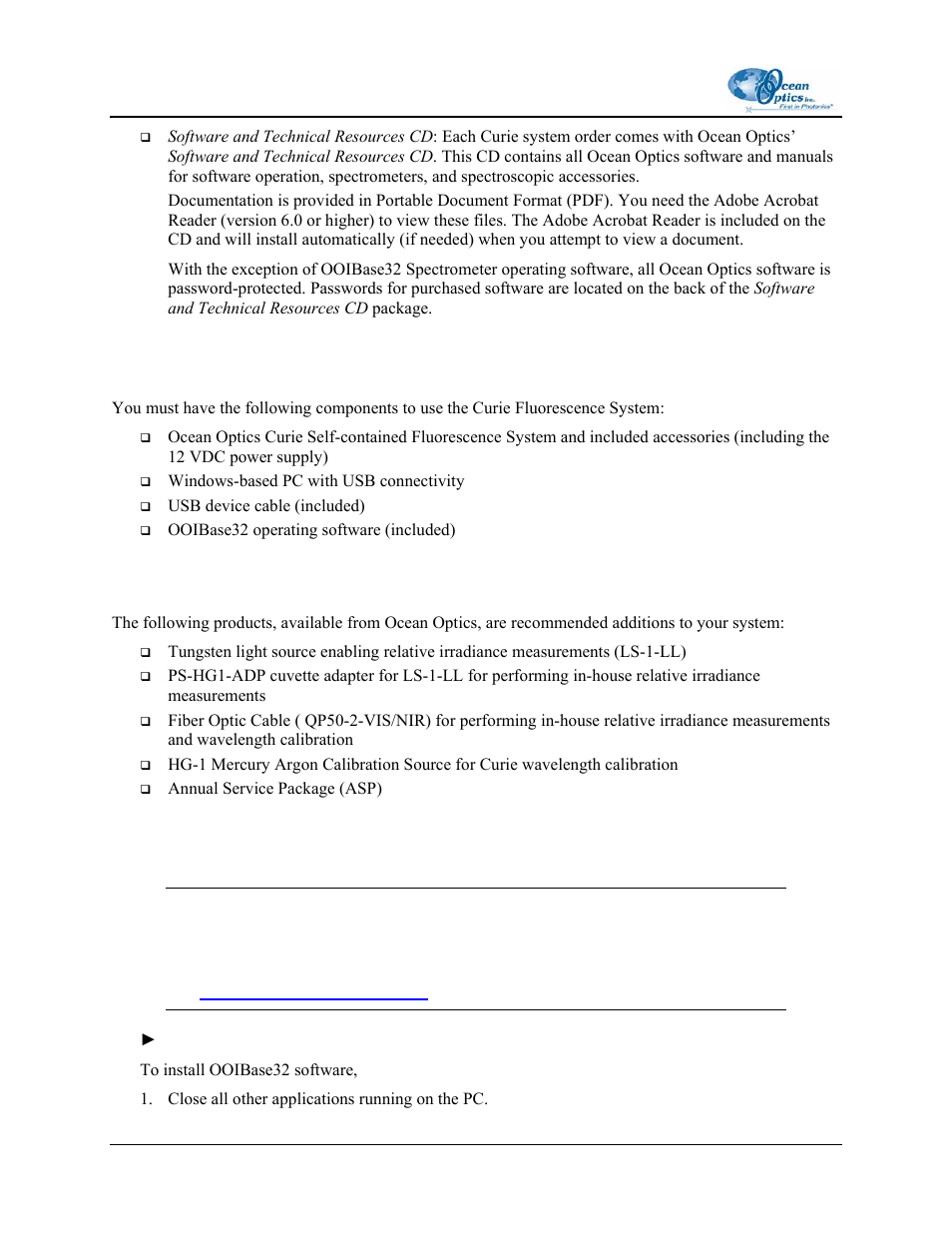 Operating requirements, Recommended additions, Installing ooibase32 software | Ocean Optics Curie UV-VIS Emission User Manual | Page 10 / 60