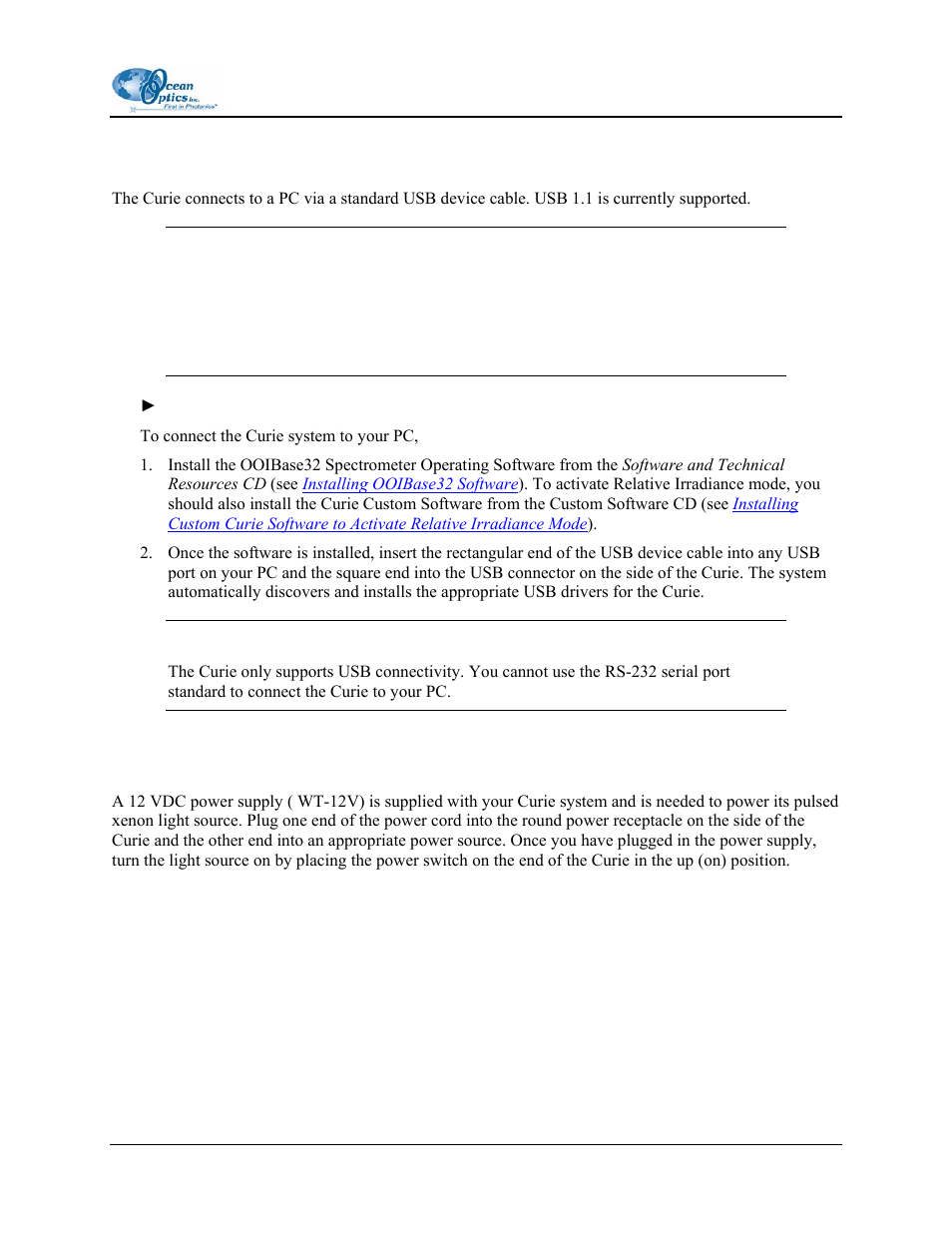 Connecting the curie to a pc, Connecting the power cord | Ocean Optics Curie UV-VIS Emission User Manual | Page 13 / 60