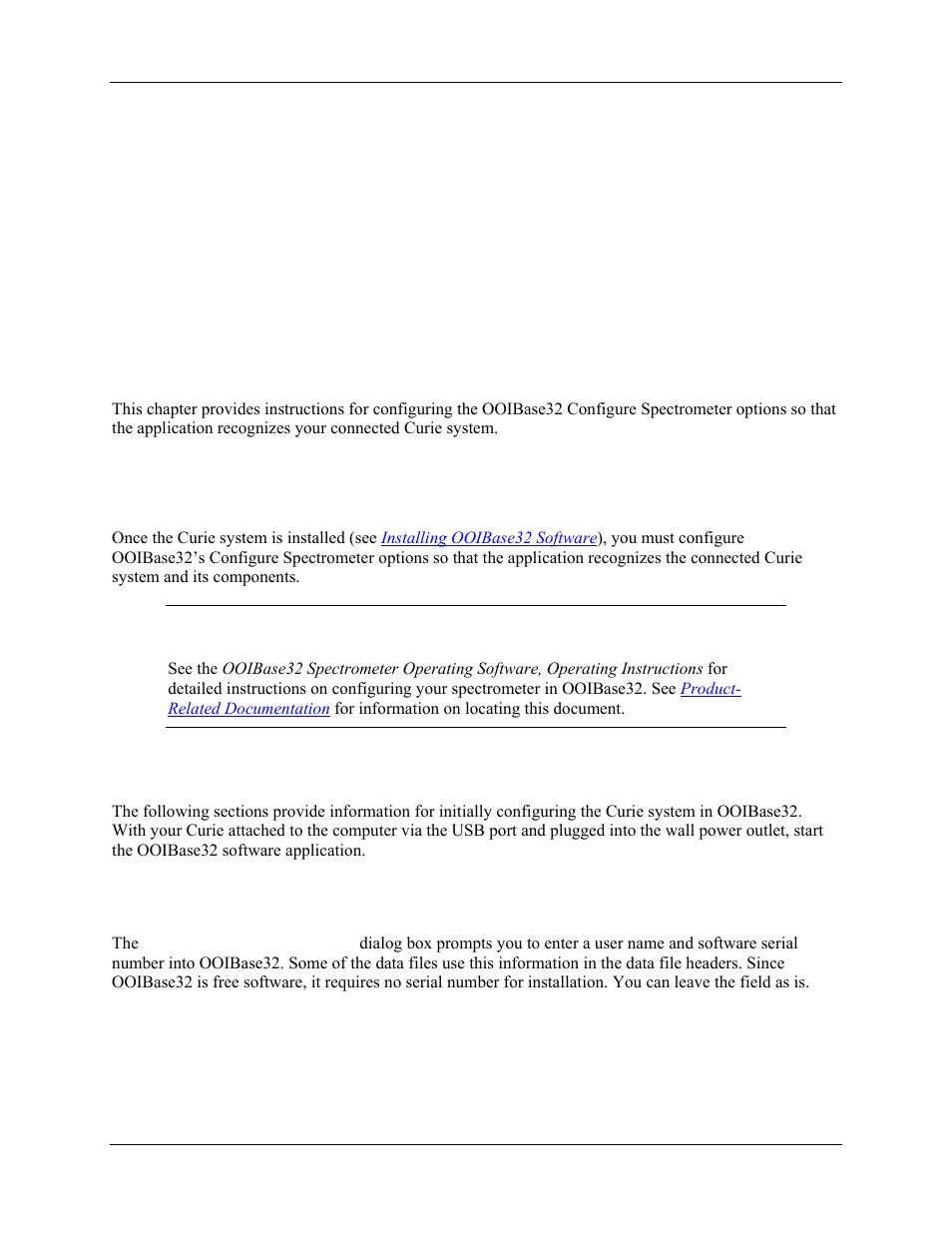 Configuration, Introduction, Configuring the curie in ooibase32 | Initial start-up, Operator and serial number dialog box, Chapter 2: configuration, Chapter 2 | Ocean Optics Curie UV-VIS Emission User Manual | Page 15 / 60