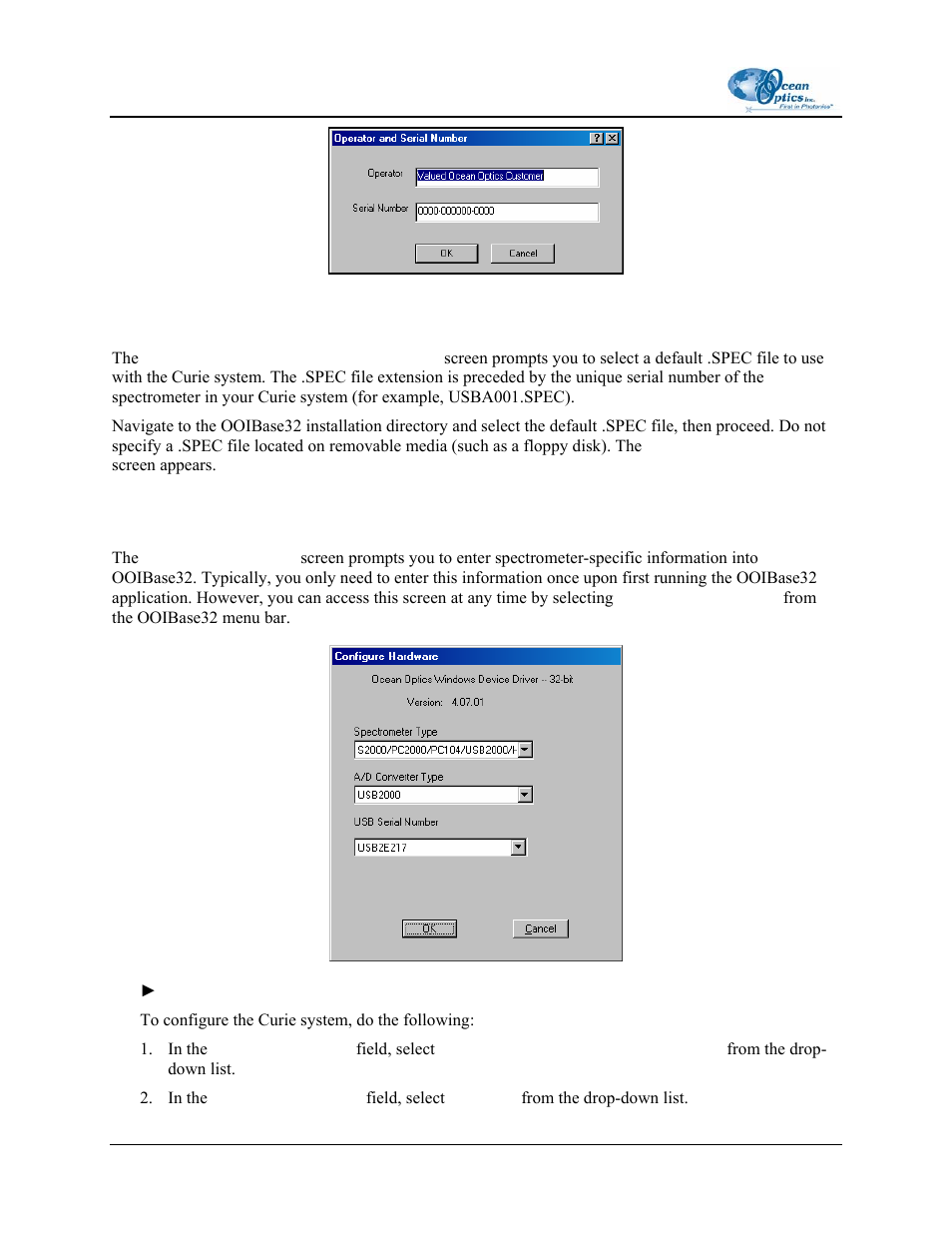 Default spectrometer configuration file, Configure hardware screen | Ocean Optics Curie UV-VIS Emission User Manual | Page 16 / 60