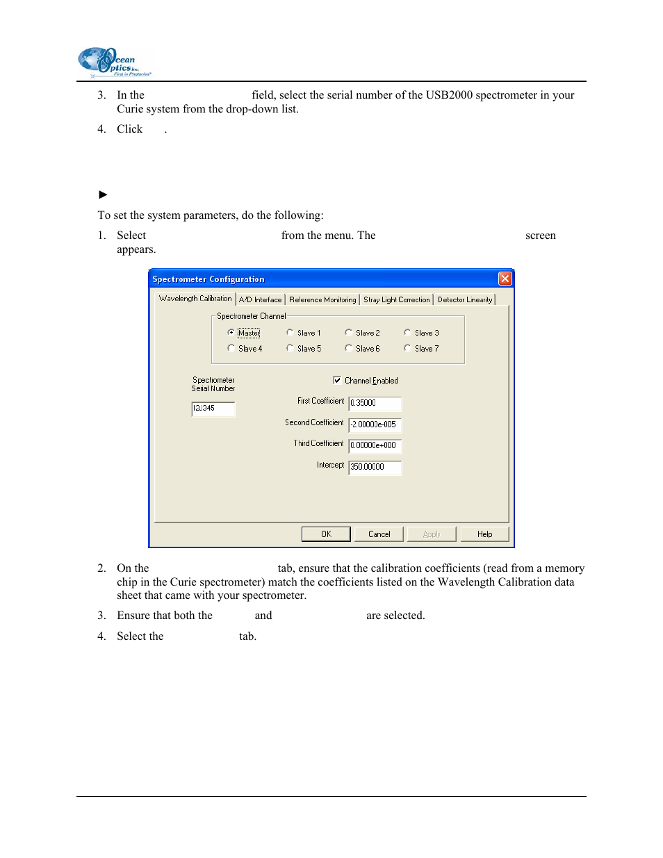 Spectrometer configuration dialog box | Ocean Optics Curie UV-VIS Emission User Manual | Page 17 / 60