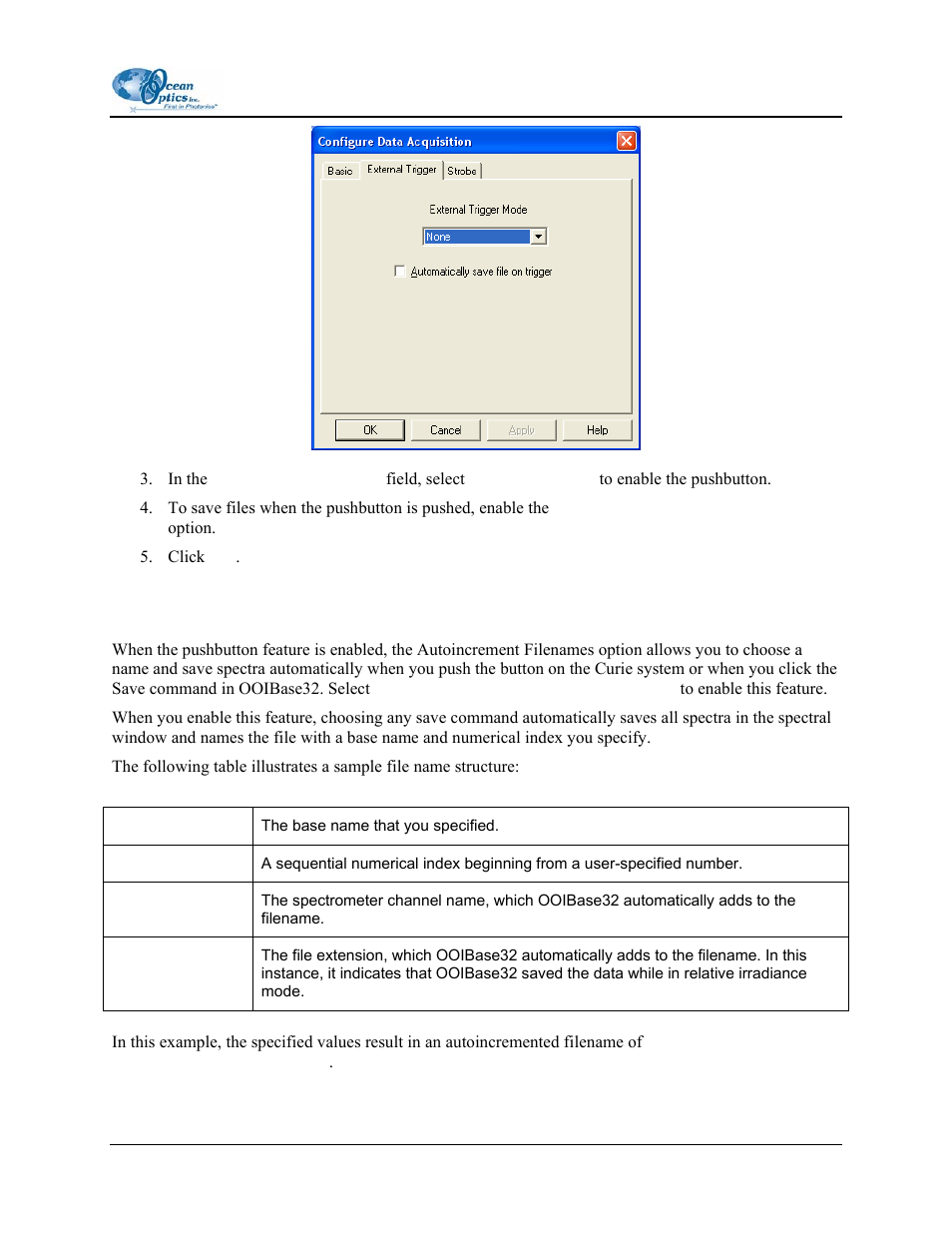 Autoincrementing filenames, To save all spectra in the spectra | Ocean Optics Curie UV-VIS Emission User Manual | Page 19 / 60