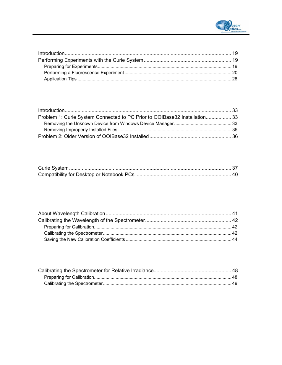 Chapter 3: using the curie system, Chapter 4: troubleshooting, Appendix a: specifications | Appendix c: relative irradiance mode, Appendix d: filter sets, Index | Ocean Optics Curie UV-VIS Emission User Manual | Page 4 / 60