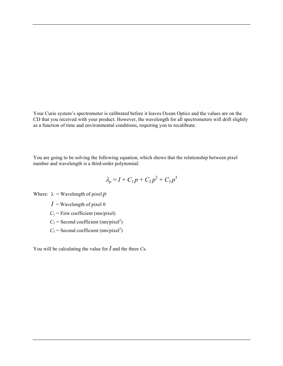 About wavelength calibration, Calibrating the wavelength of the, Curie spectrometer | Appendix b | Ocean Optics Curie UV-VIS Emission User Manual | Page 47 / 60