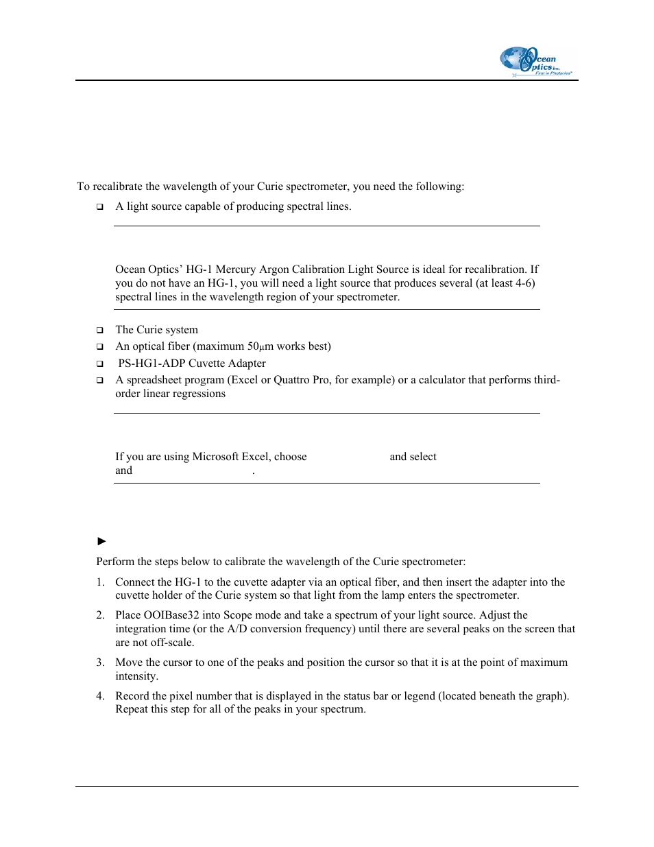 Calibrating the wavelength of the spectrometer, Preparing for calibration, Calibrating the spectrometer | Ocean Optics Curie UV-VIS Emission User Manual | Page 48 / 60