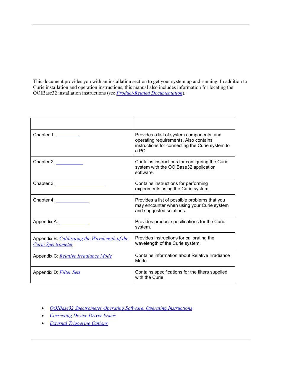 About this manual, Document purpose and intended audience, Document summary | Product-related documentation | Ocean Optics Curie UV-VIS Emission User Manual | Page 5 / 60