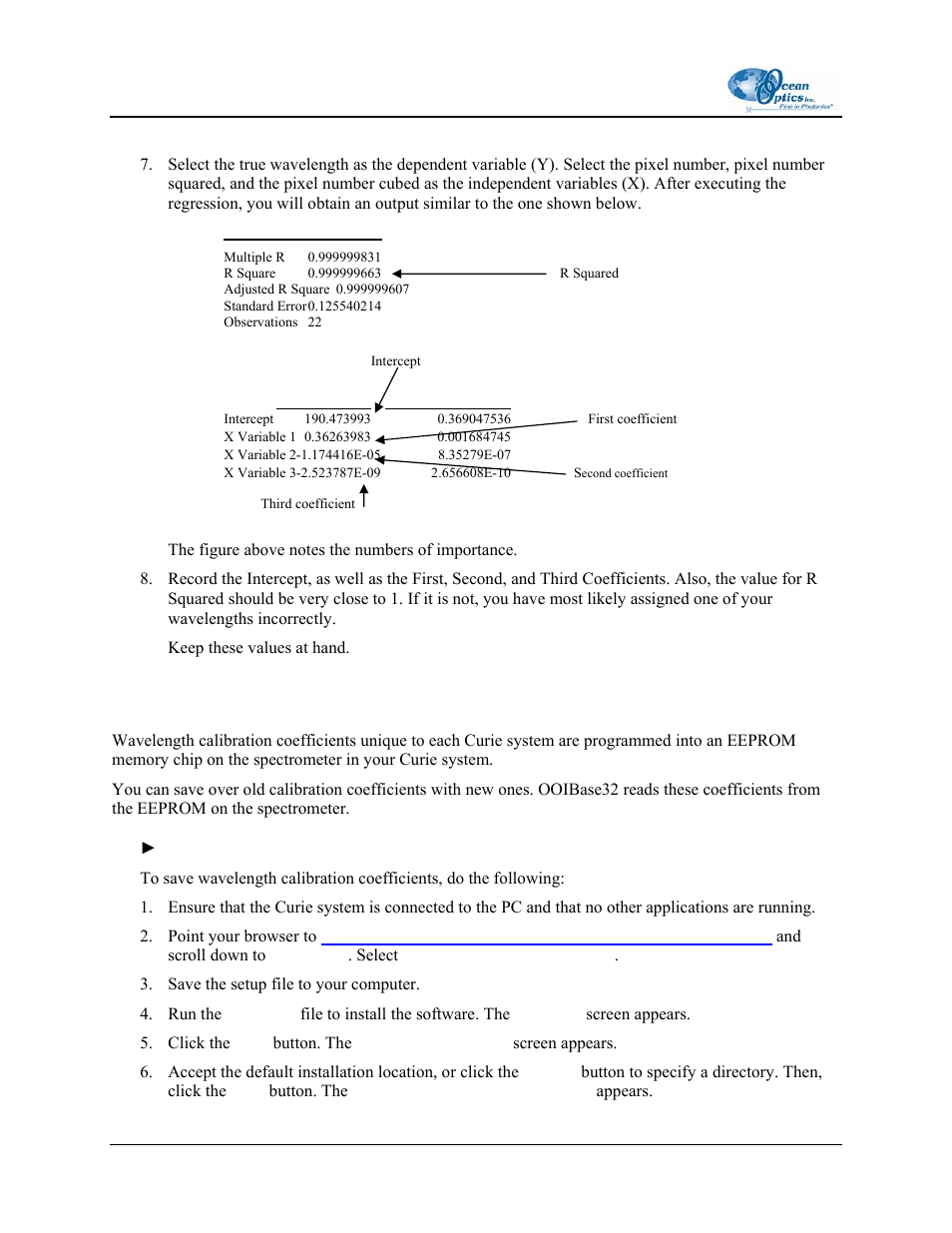 Regression statistics, Saving the new calibration coefficients | Ocean Optics Curie UV-VIS Emission User Manual | Page 50 / 60