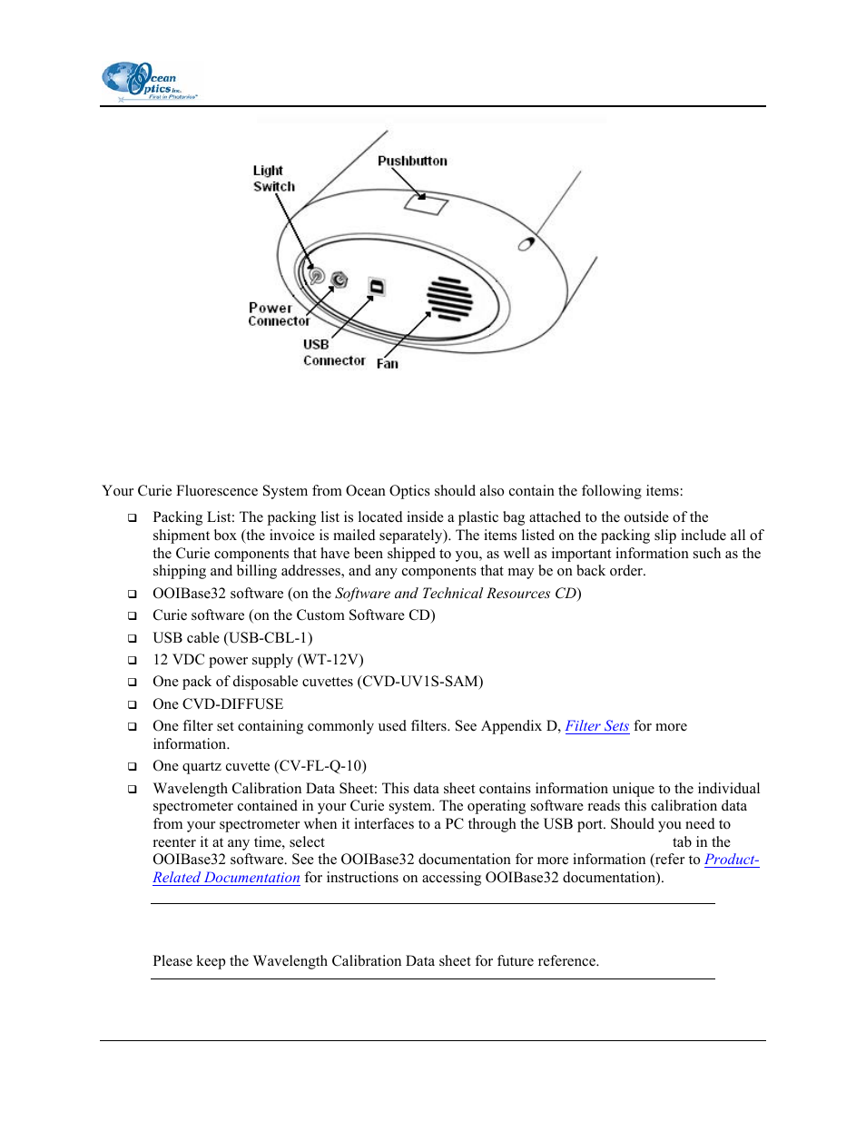 Other items included with shipment | Ocean Optics Curie UV-VIS Emission User Manual | Page 9 / 60