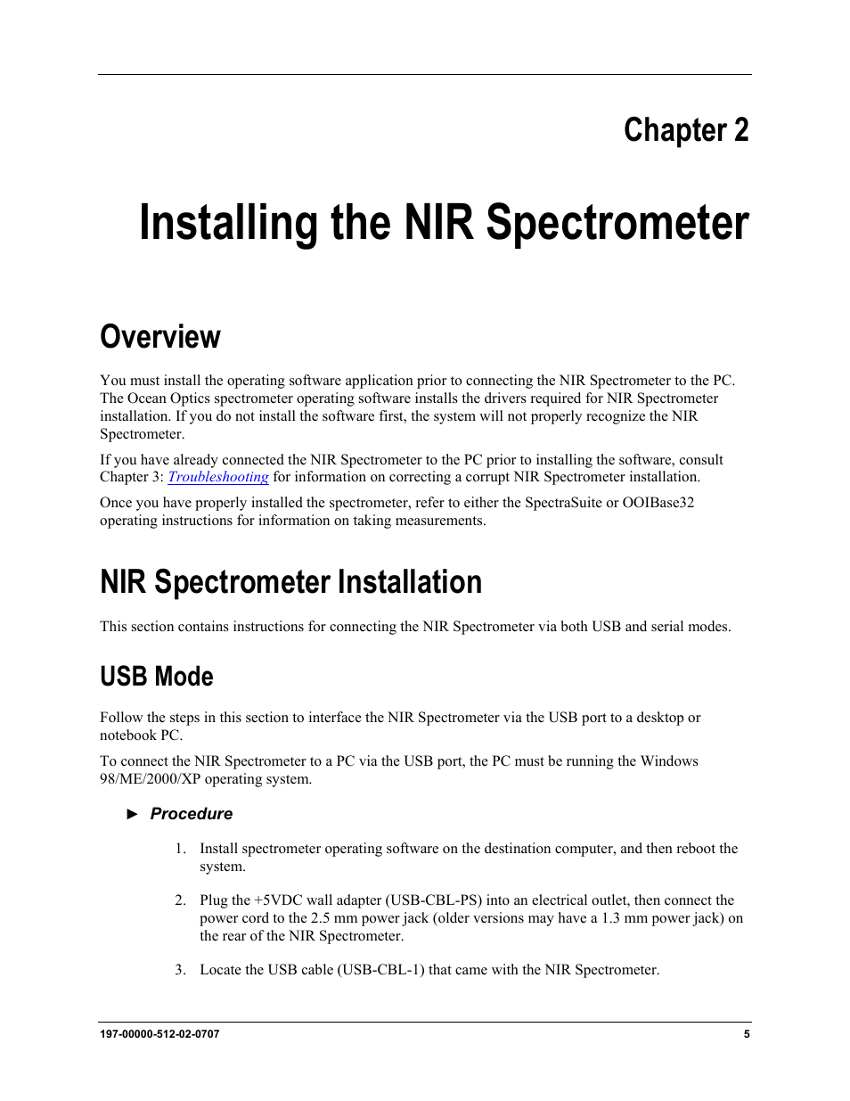 Installing the nir spectrometer, Overview, Nir spectrometer installation | Usb mode, Chapter 2: installing the nir spectrometer, Chapter 2 | Ocean Optics NIR User Manual | Page 11 / 36