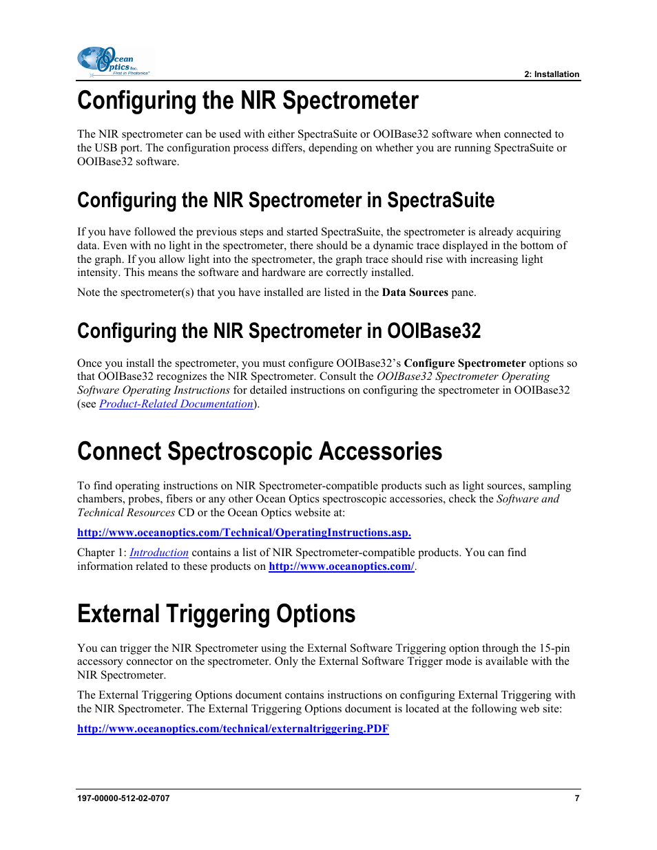 Configuring the nir spectrometer, Configuring the nir spectrometer in spectrasuite, Configuring the nir spectrometer in ooibase32 | Connect spectroscopic accessories, External triggering options | Ocean Optics NIR User Manual | Page 13 / 36