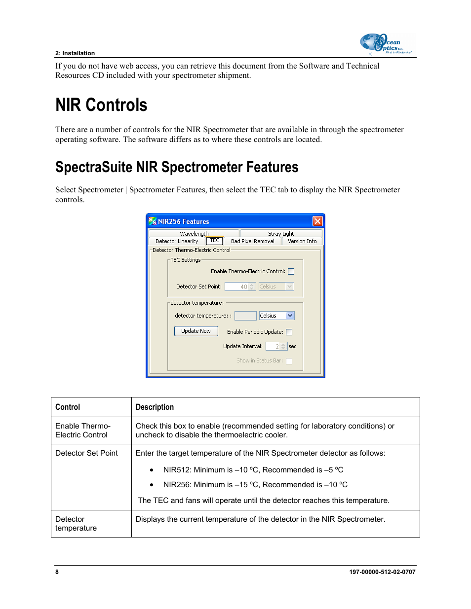 Nir controls, Spectrasuite nir spectrometer features | Ocean Optics NIR User Manual | Page 14 / 36