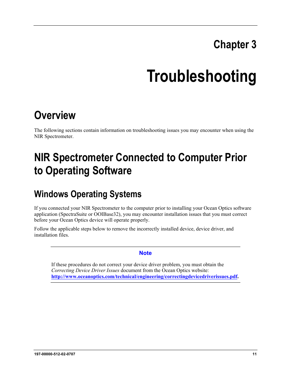 Troubleshooting, Overview, Windows operating systems | Chapter 3: troubleshooting, Chapter 3 | Ocean Optics NIR User Manual | Page 17 / 36