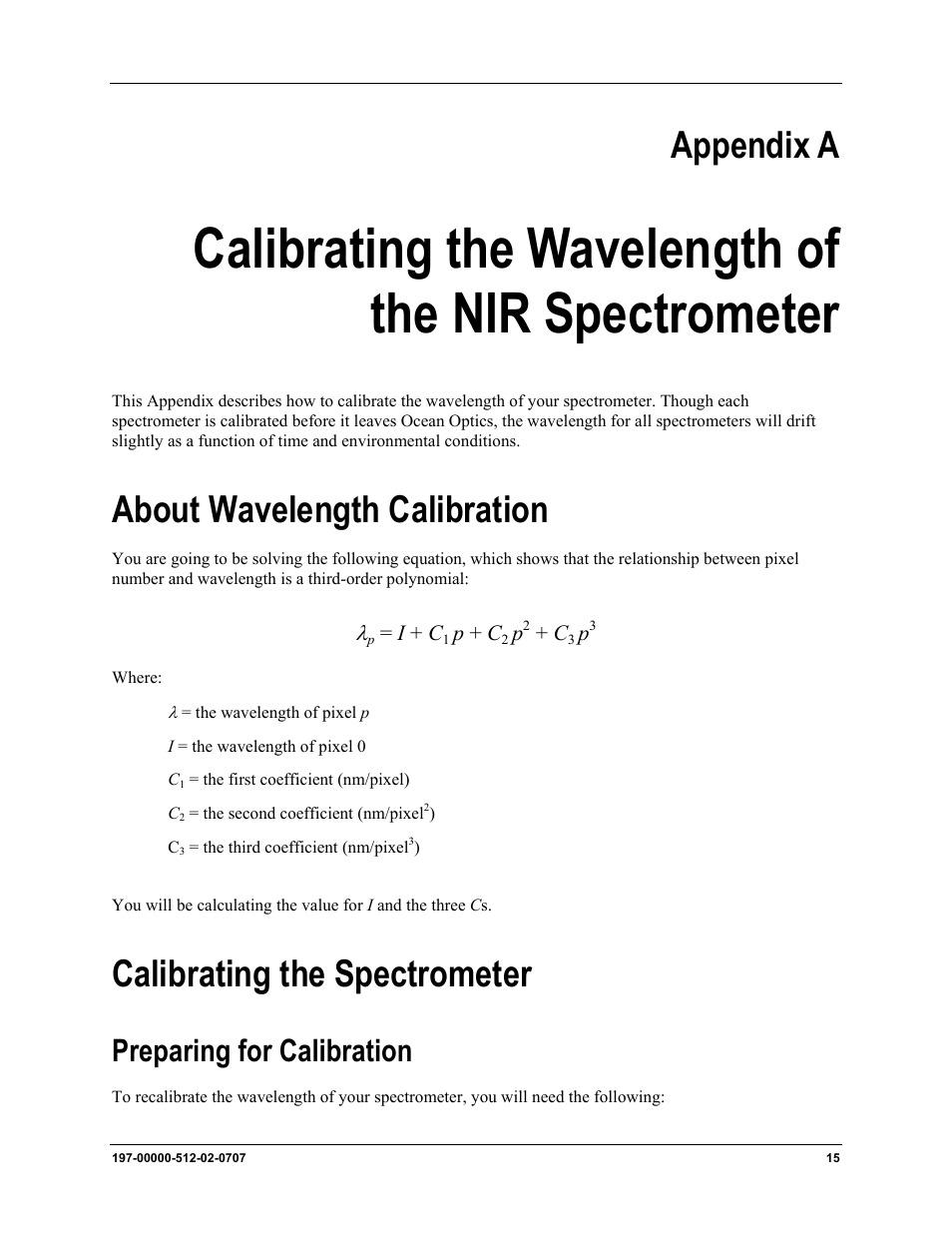 Calibrating the wavelength of the nir spectrometer, About wavelength calibration, Calibrating the spectrometer | Preparing for calibration, Calibrating the wavelength of, The nir spectrometer, Appendix a | Ocean Optics NIR User Manual | Page 21 / 36