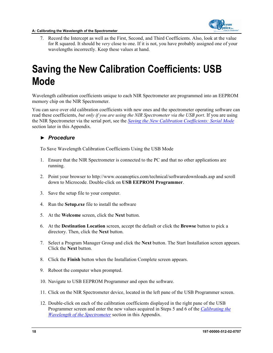 Saving the new calibration coefficients: usb mode | Ocean Optics NIR User Manual | Page 24 / 36
