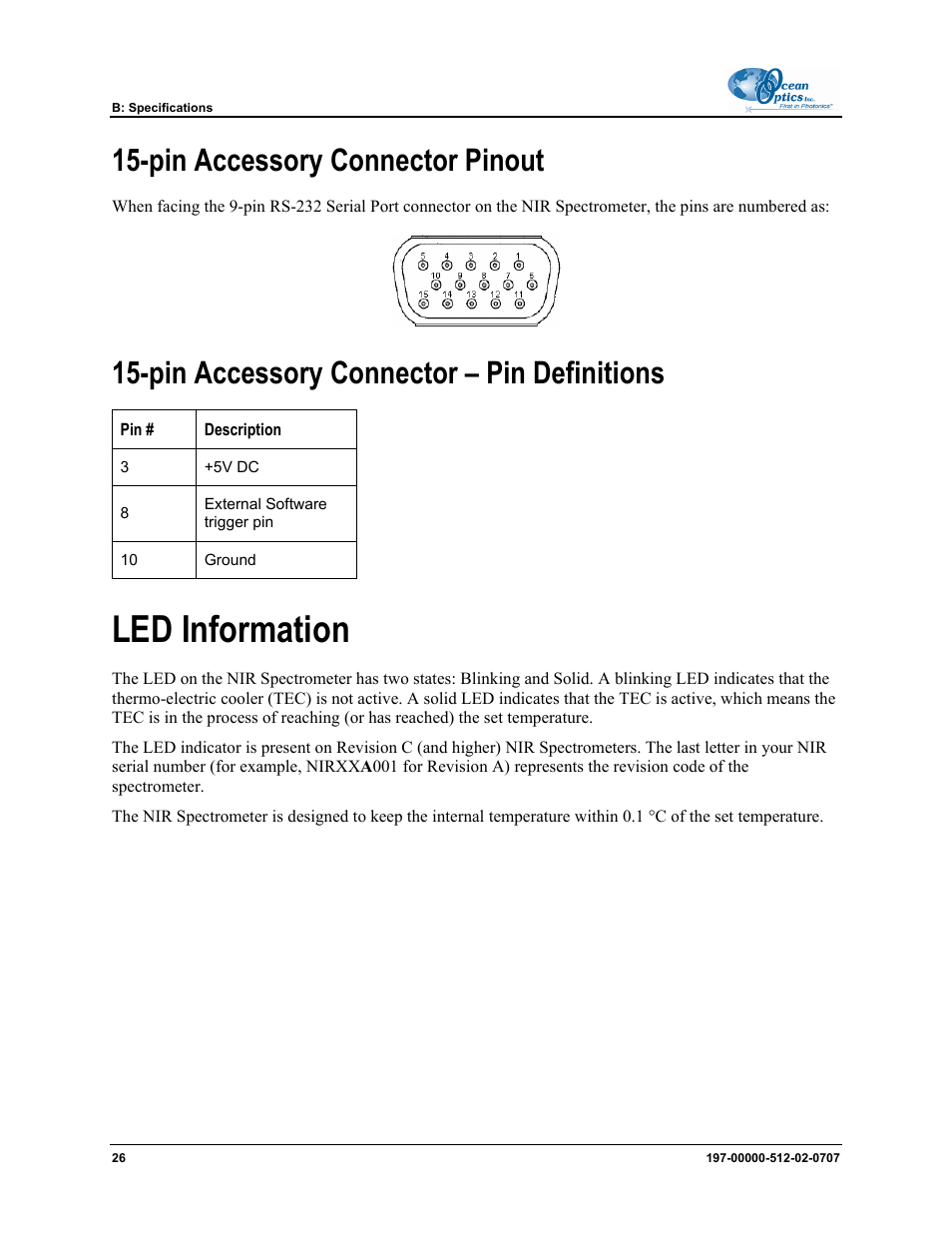 Pin accessory connector pinout, Pin accessory connector – pin definitions, Led information | Ocean Optics NIR User Manual | Page 32 / 36