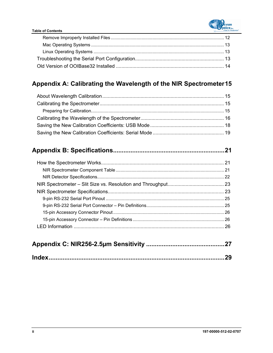 Appendix b: specifications | Ocean Optics NIR User Manual | Page 4 / 36