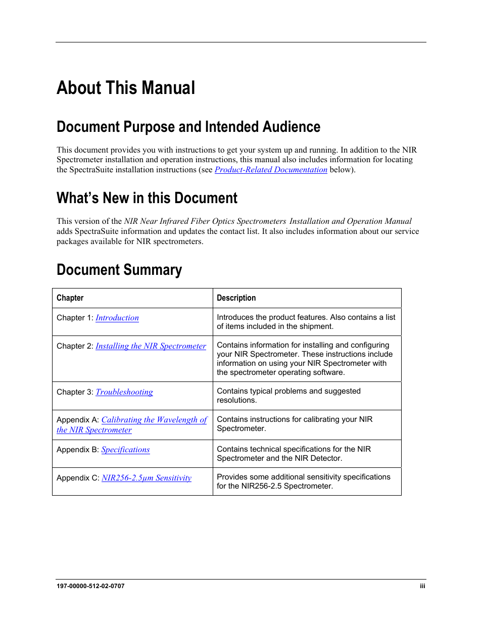 About this manual, Document purpose and intended audience, What’s new in this document | Document summary | Ocean Optics NIR User Manual | Page 5 / 36