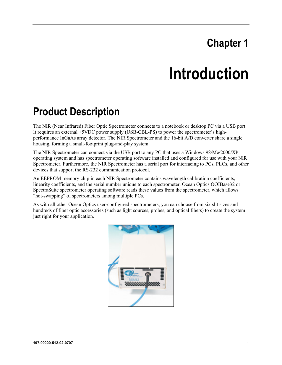 Introduction, Product description, Chapter 1: introduction | Chapter 1 | Ocean Optics NIR User Manual | Page 7 / 36