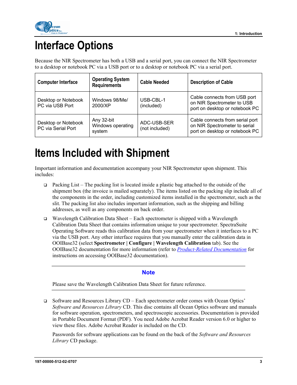 Interface options, Items included with shipment | Ocean Optics NIR User Manual | Page 9 / 36