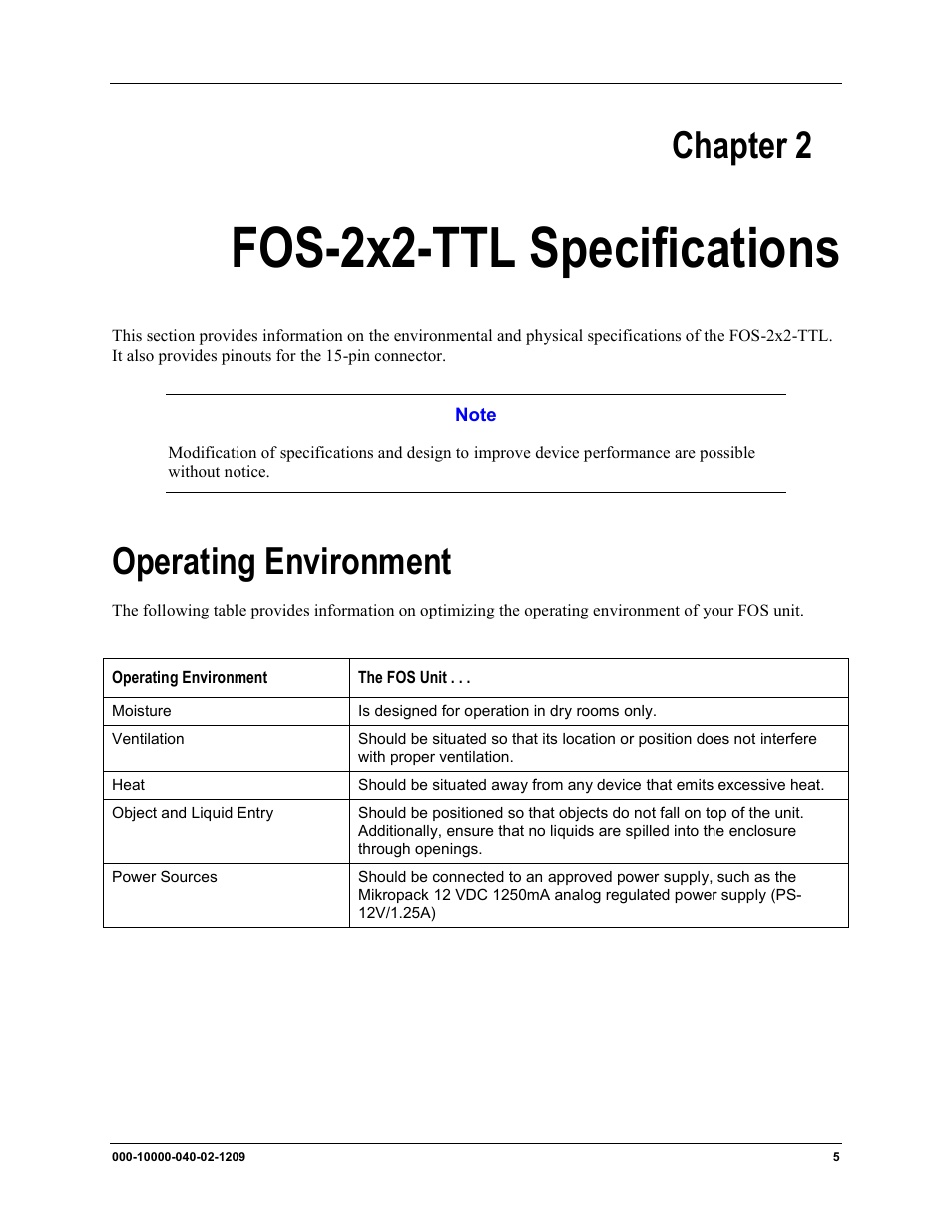 Chapter 2, Fos-2x2-ttl specifications, Operating environment | Ocean Optics FOS-2x2-TTL User Manual | Page 13 / 20