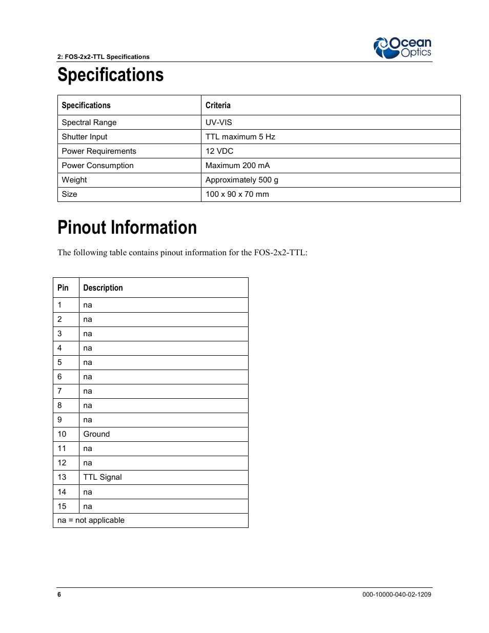 Specifications, Pinout information | Ocean Optics FOS-2x2-TTL User Manual | Page 14 / 20