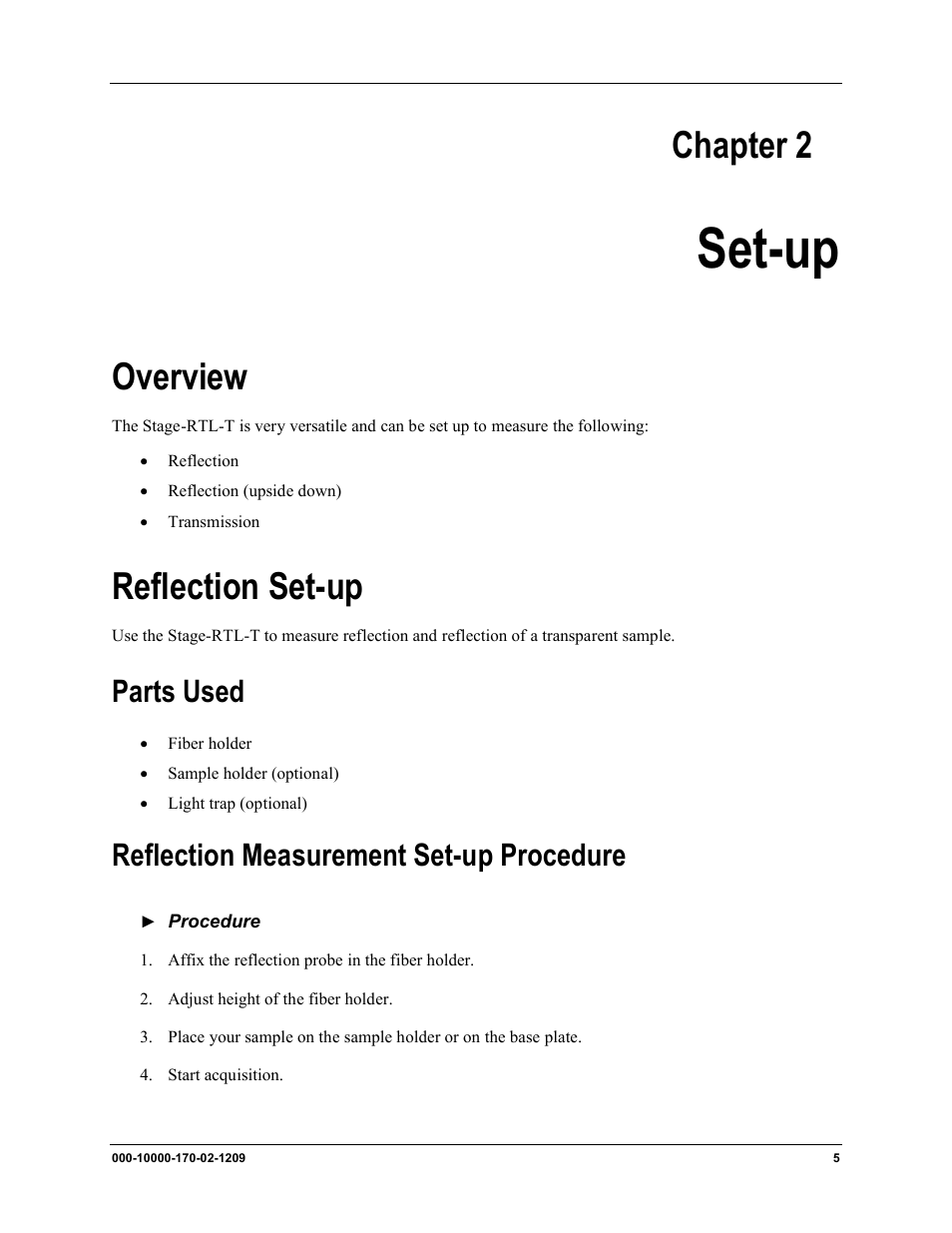 Set-up, Overview reflection set-up, Parts used reflection measurement set-up procedure | Chapter 2, Overview, Reflection set-up, Parts used, Reflection measurement set-up procedure | Ocean Optics RTL Reflection Stage User Manual | Page 13 / 22