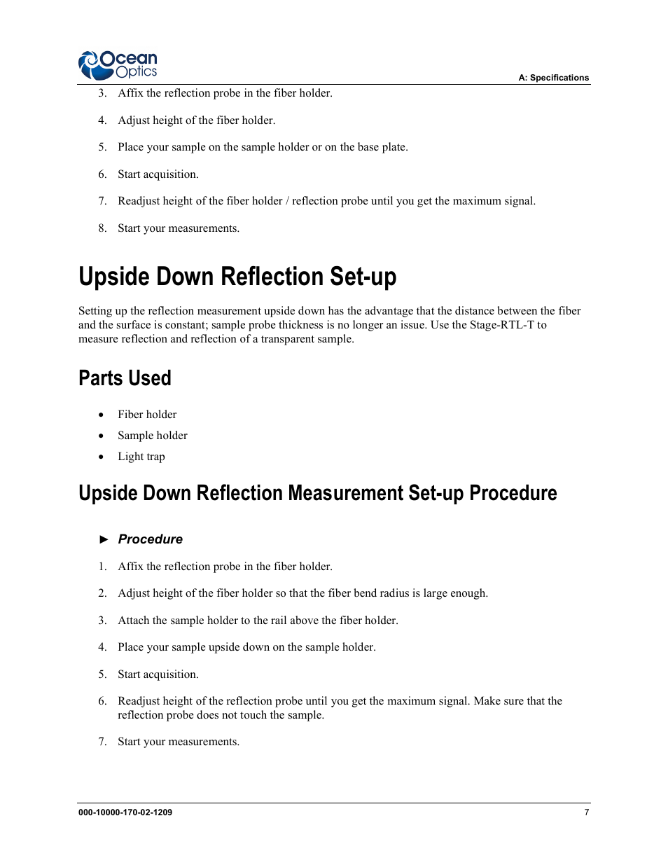 Upside down reflection set-up, Parts used | Ocean Optics RTL Reflection Stage User Manual | Page 15 / 22