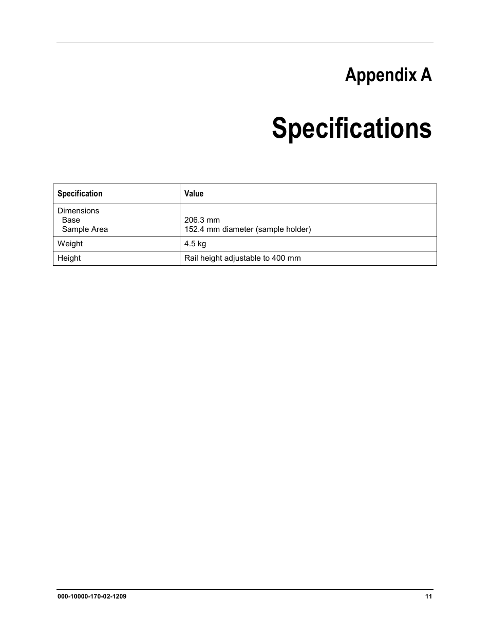 A: specifications, Specifications, Appendix a | Ocean Optics RTL Reflection Stage User Manual | Page 19 / 22