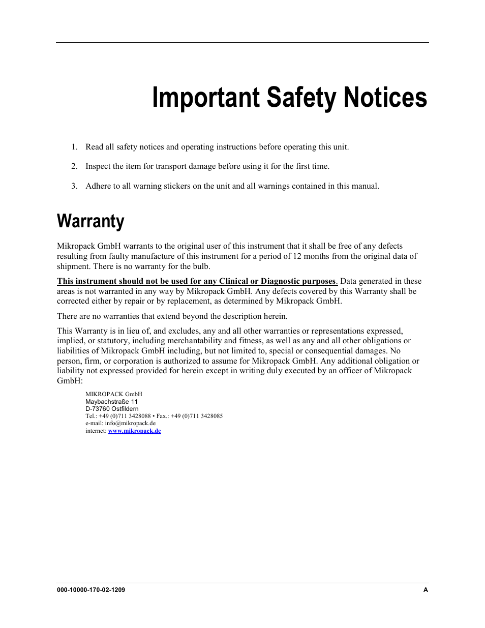 Important safety notices, Warranty | Ocean Optics RTL Reflection Stage User Manual | Page 3 / 22