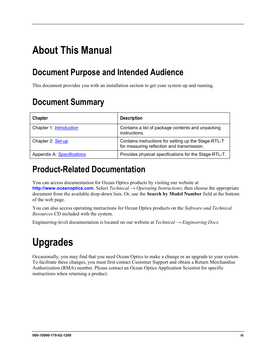 About this manual, Upgrades, Document purpose and intended audience | Document summary, Product-related documentation | Ocean Optics RTL Reflection Stage User Manual | Page 7 / 22