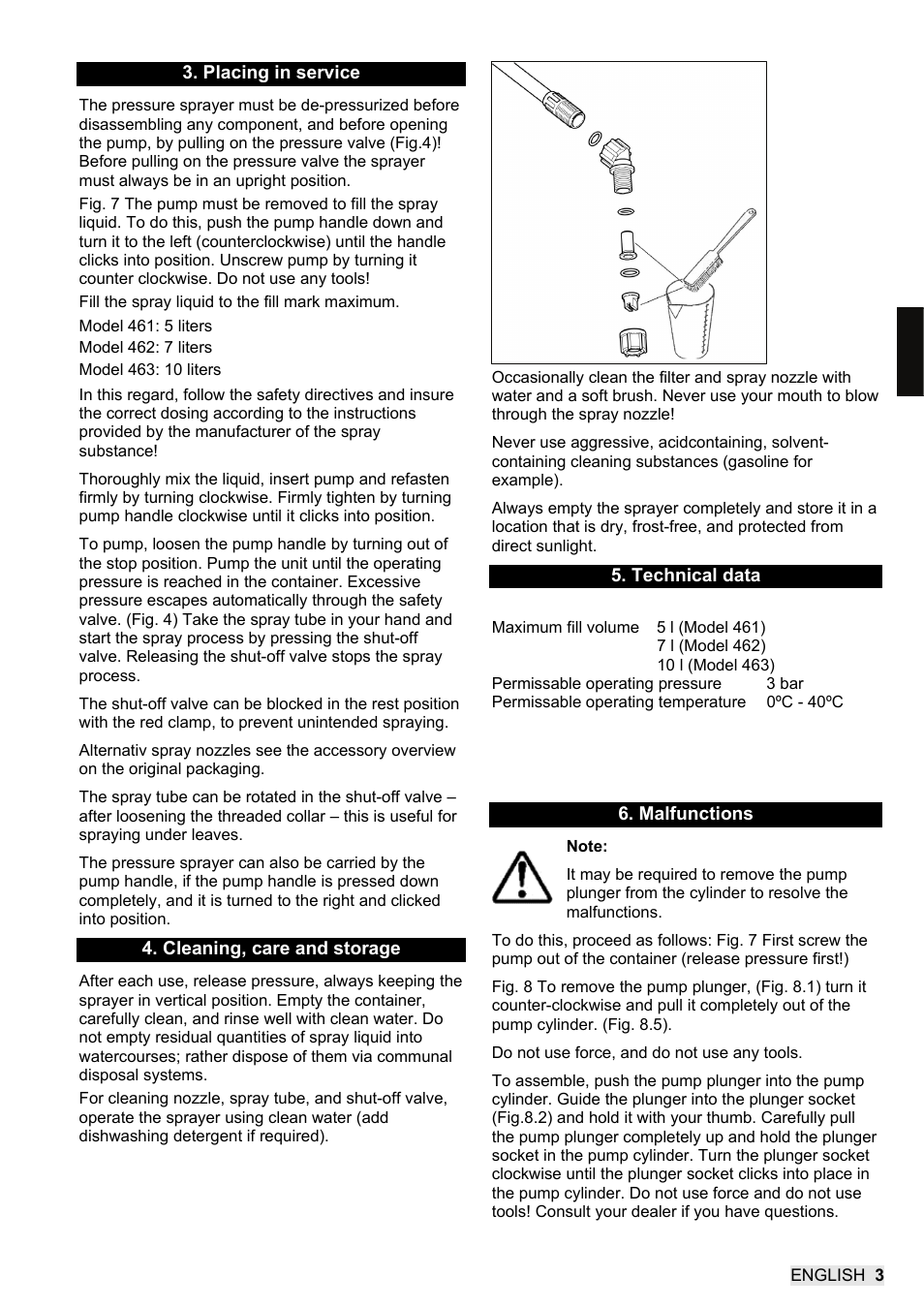 Placing in service, Cleaning, care and storage, Technical data | Malfunctions | SOLO 462 Handbetätigte Druckspritze User Manual | Page 11 / 32