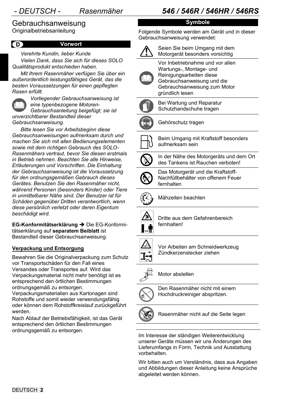 Gebrauchsanweisung | SOLO 546R Rasenmäher _2013 User Manual | Page 2 / 68