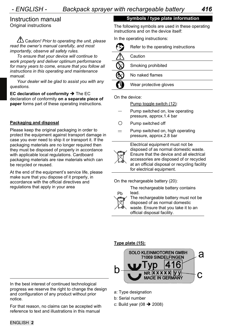 Gba_416_105_en _2012, Instruction manual | SOLO 416 Rückentragbare Akku-Druckspritze User Manual | Page 18 / 100