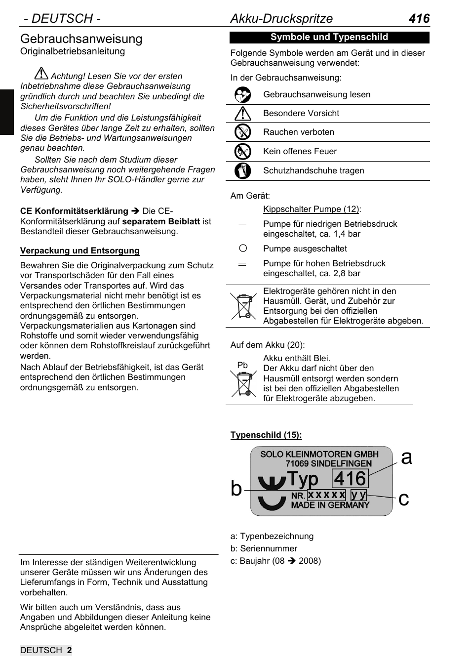 Gba_416_105_de _2011, Deutsch - akku-druckspritze 416, Gebrauchsanweisung | SOLO 416 Rückentragbare Akku-Druckspritze User Manual | Page 2 / 100