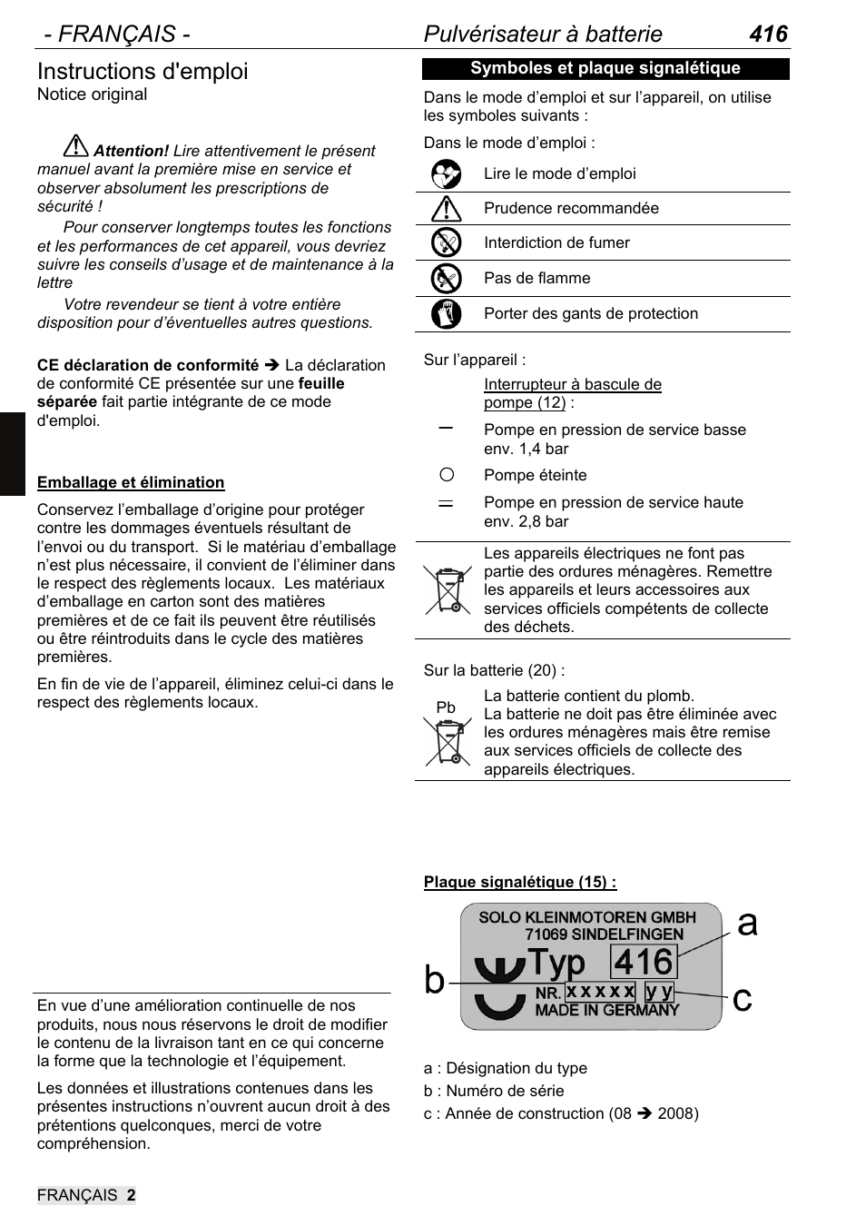 Gba_416_105_fr _2012, Français - pulvérisateur à batterie 416, Instructions d'emploi | SOLO 416 Rückentragbare Akku-Druckspritze User Manual | Page 34 / 100