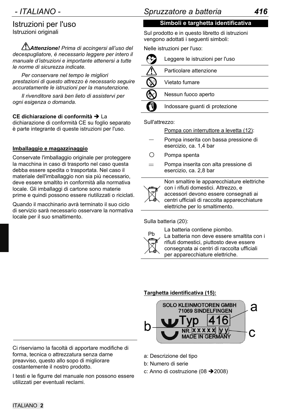 Gba_416_105_it _2012, Italiano - spruzzatore a batteria 416, Istruzioni per l'uso | SOLO 416 Rückentragbare Akku-Druckspritze User Manual | Page 66 / 100