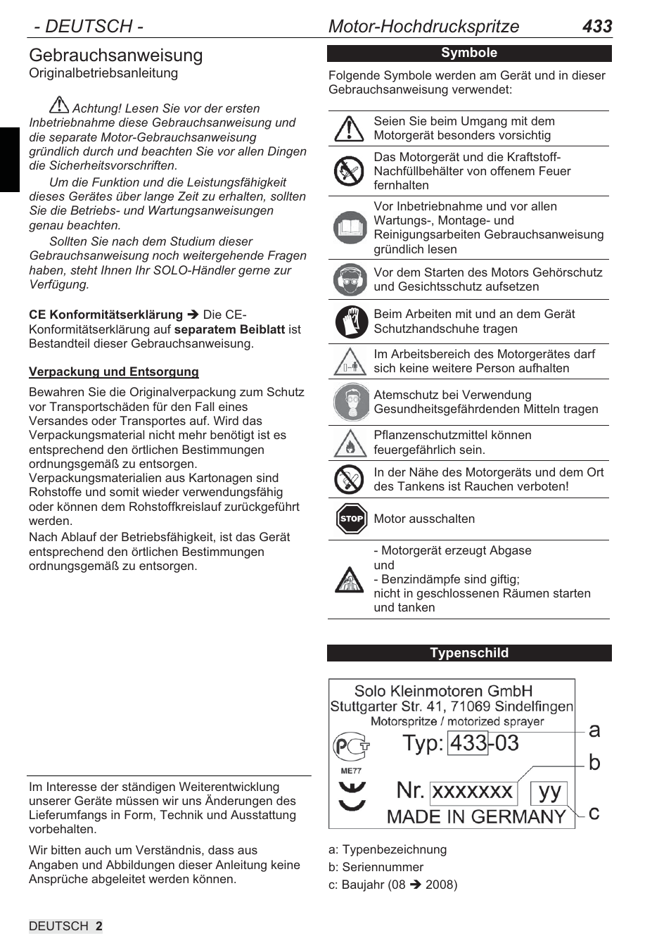 Deutsch - motor-hochdruckspritze 433, Gebrauchsanweisung | SOLO 433 Hochdruckspritze User Manual | Page 2 / 112