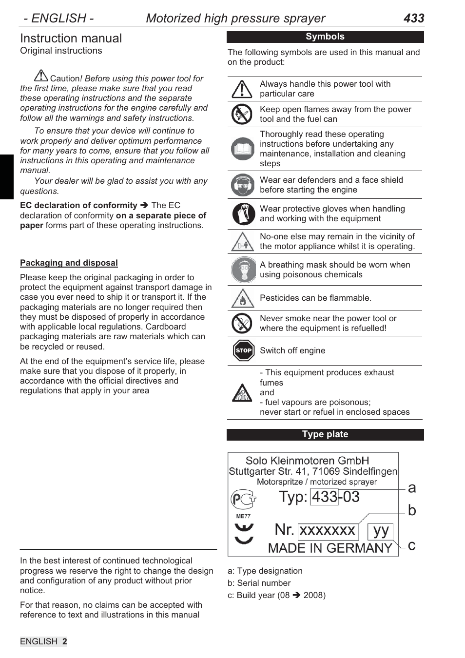 English - motorized high pressure sprayer 433, Instruction manual | SOLO 433 Hochdruckspritze User Manual | Page 20 / 112